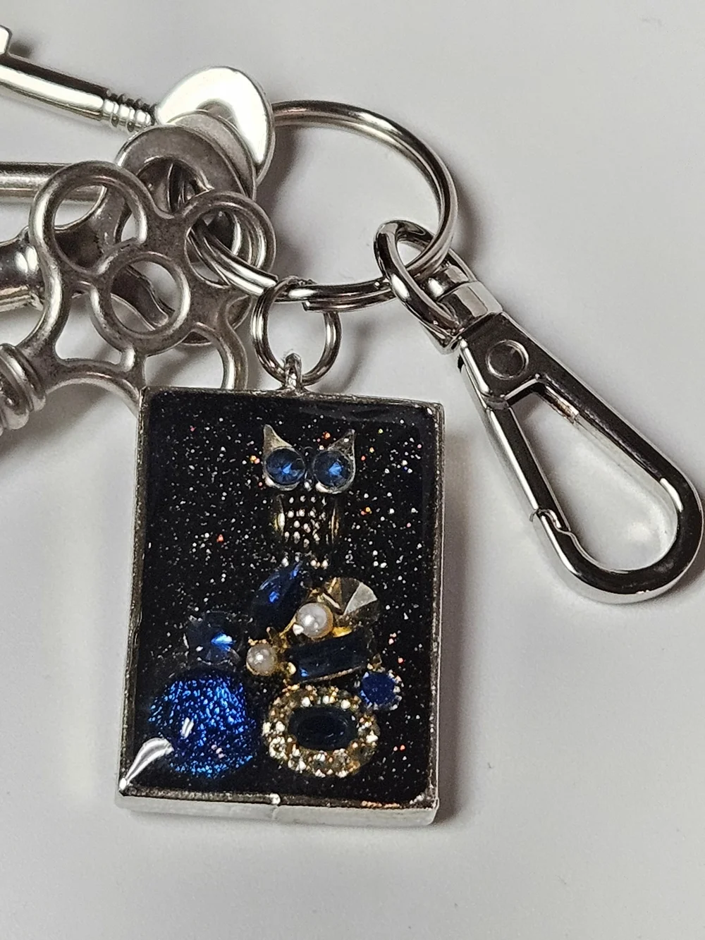 Silver Keychain Bag Charm with Blue Owl Accent